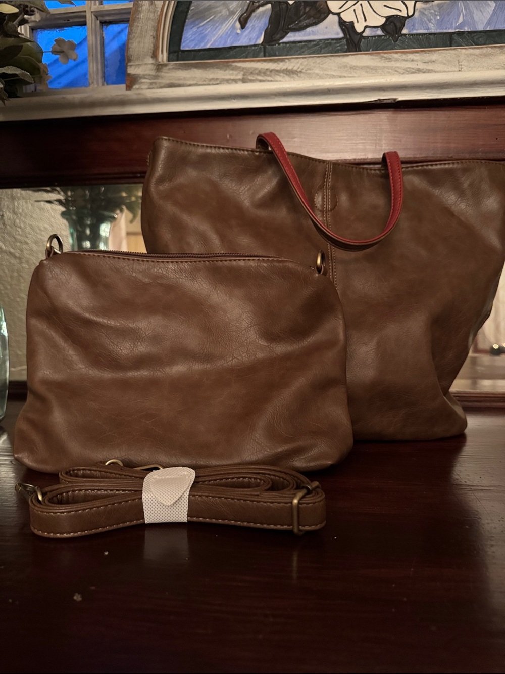 Joy Susan Brown & Red Reversible Purse with Brown Crossbody Tote